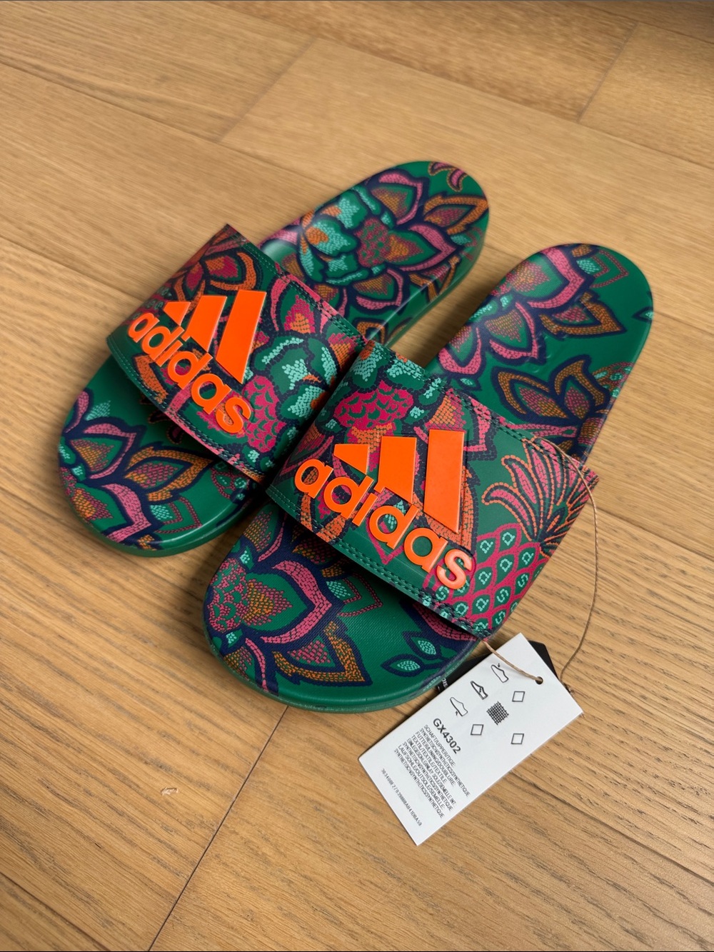 adidas Adiletre Comfort Slide Floral Green with Orange Logo